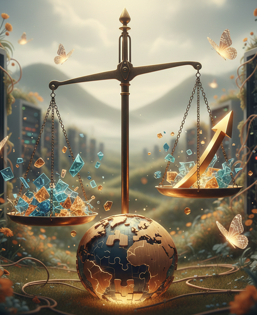 balance dorée pesant des données numériques sur un globe terrestre.