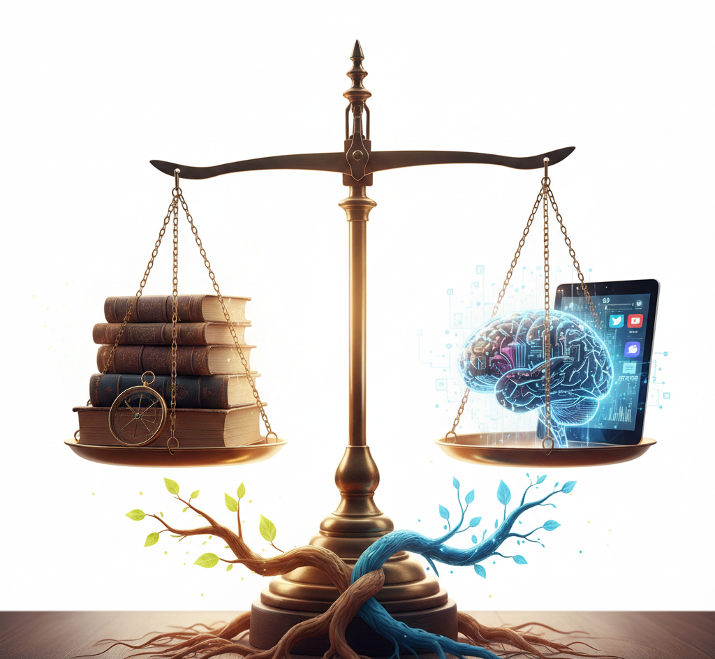 balance équilibrant livres anciens et cerveau numérique sur tablette tactile.