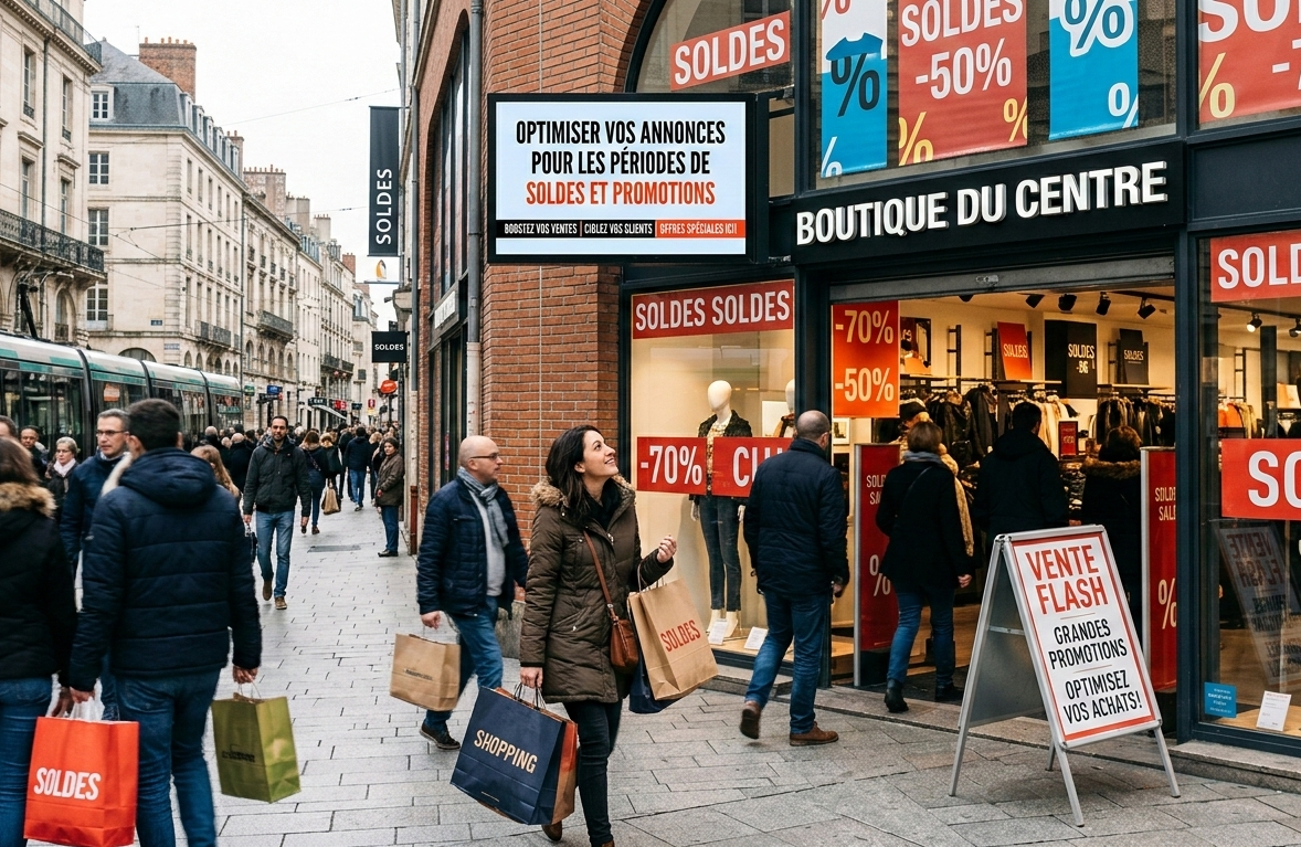 boutique de rue affichant des annonces de soldes et promotions.