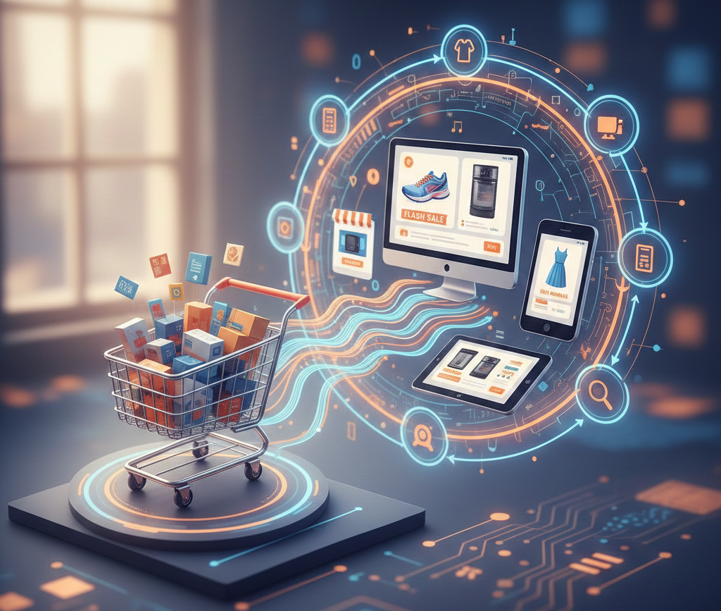 caddie numérique connecté à plusieurs écrans pour le e commerce.