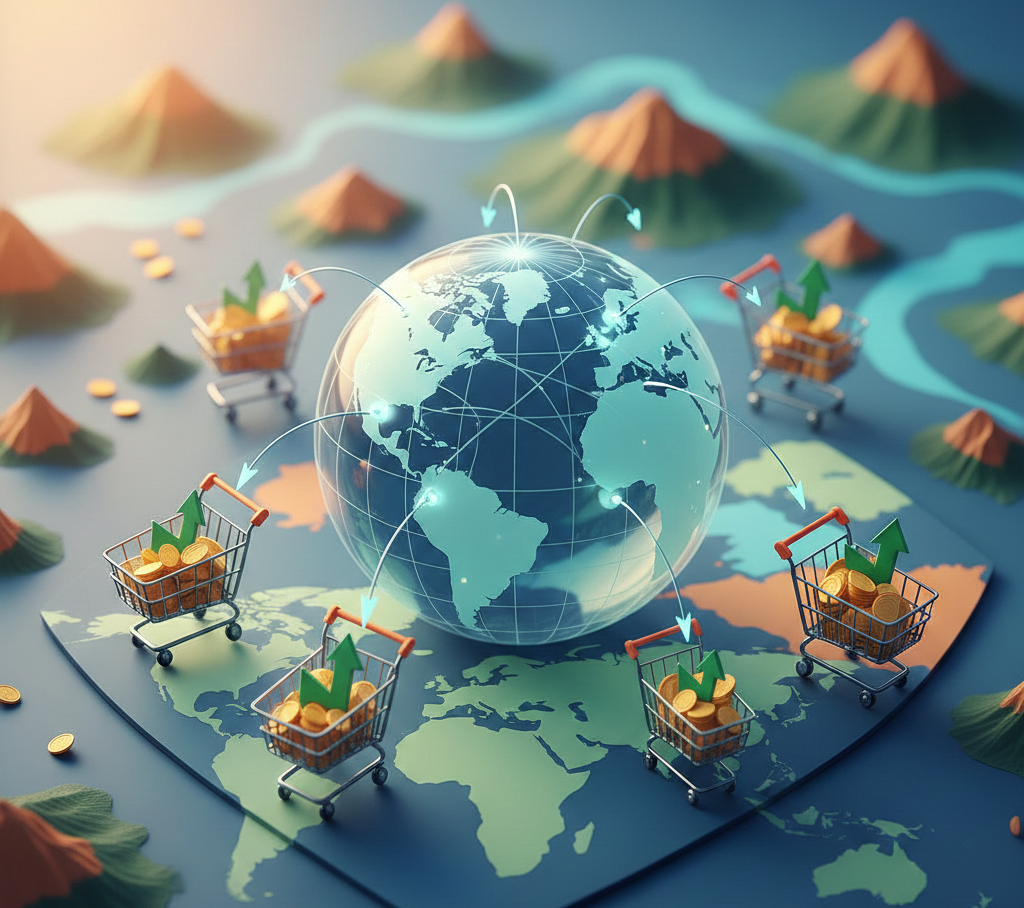 caddies sur carte du monde pour le commerce international.