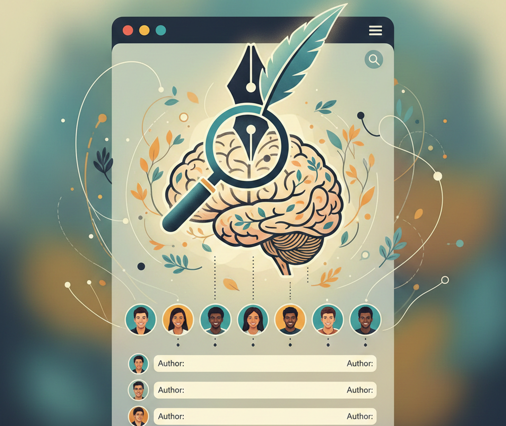 cerveau analysé par une plume et loupe avec profils d'auteurs.