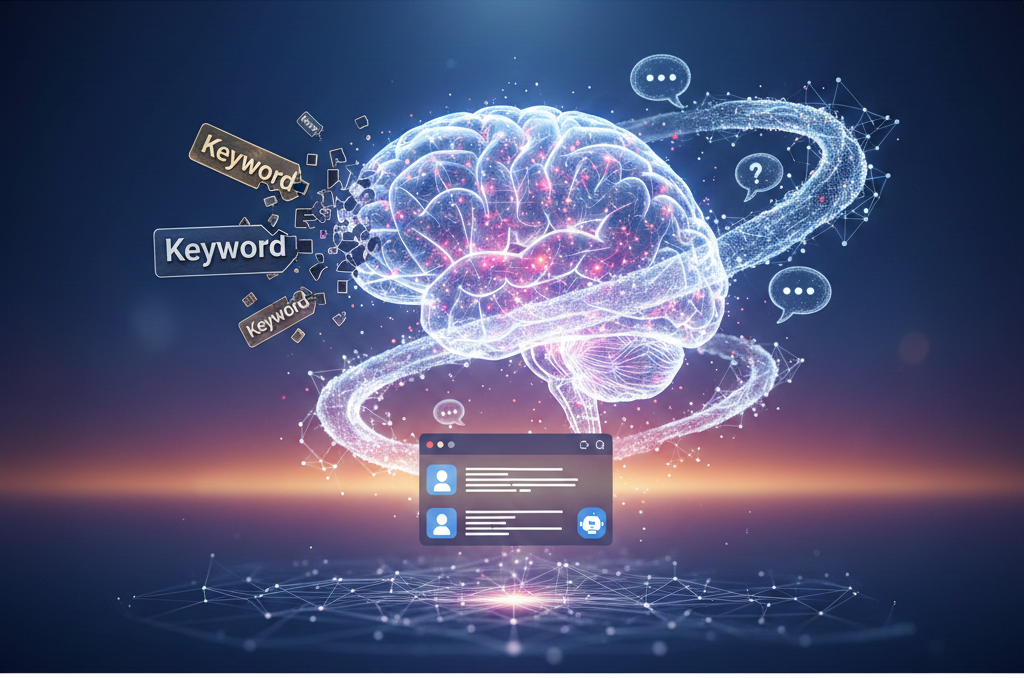 cerveau holographique transformant des mots clés en requêtes conversationnelles fluides.
