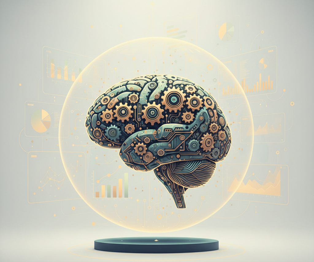 cerveau mécanique illustrant l'intelligence artificielle et l'analyse de données.