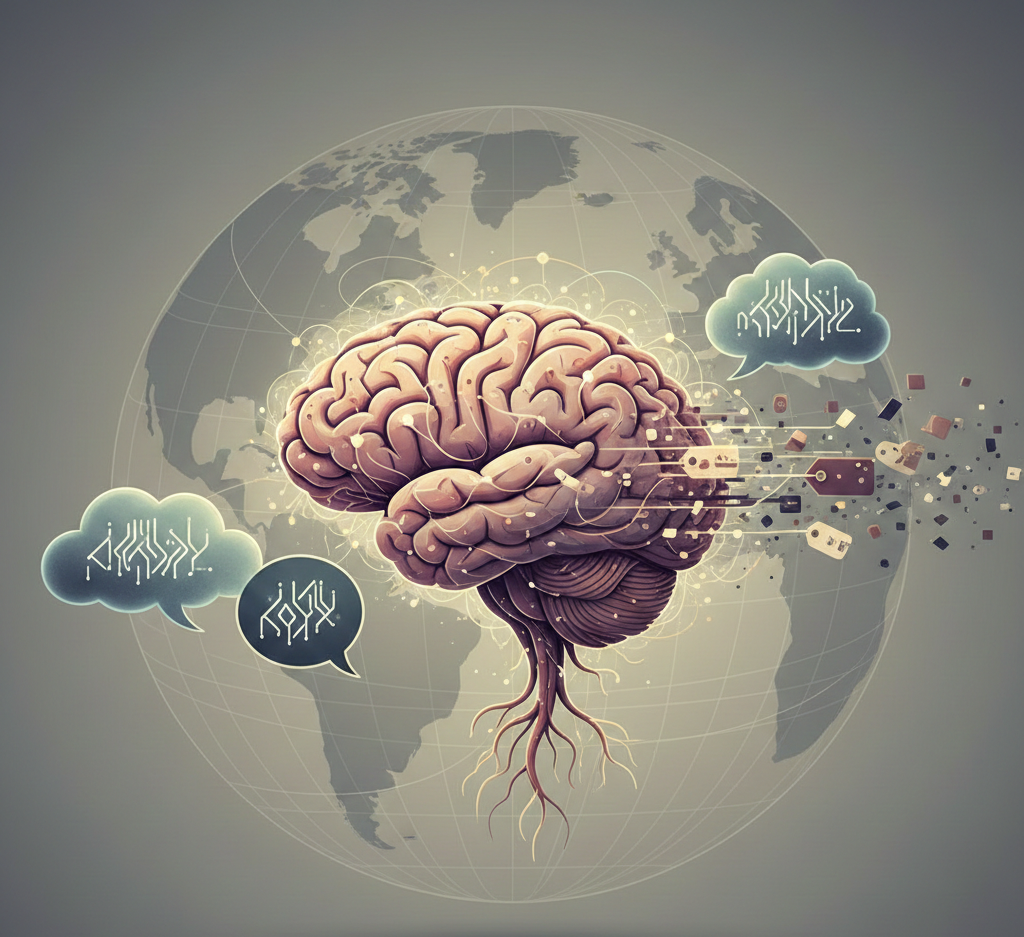 cerveau mondial avec racines et bulles de pensée en réseau.