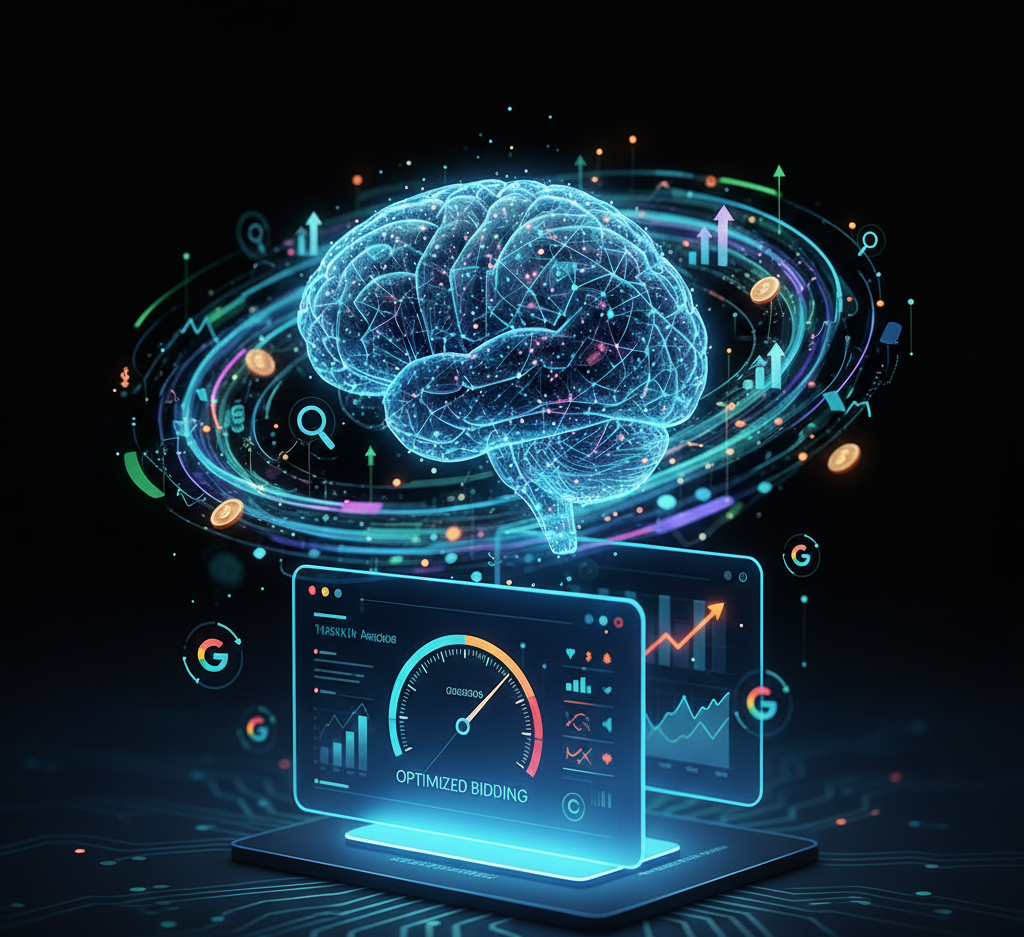 cerveau numérique au dessus d'écrans affichant des données d'enchères optimisées.