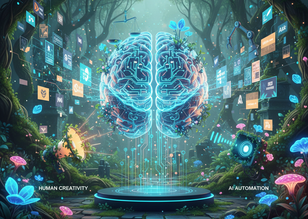 cerveau numérique dans une forêt bioluminescente entre créativité et automatisation.