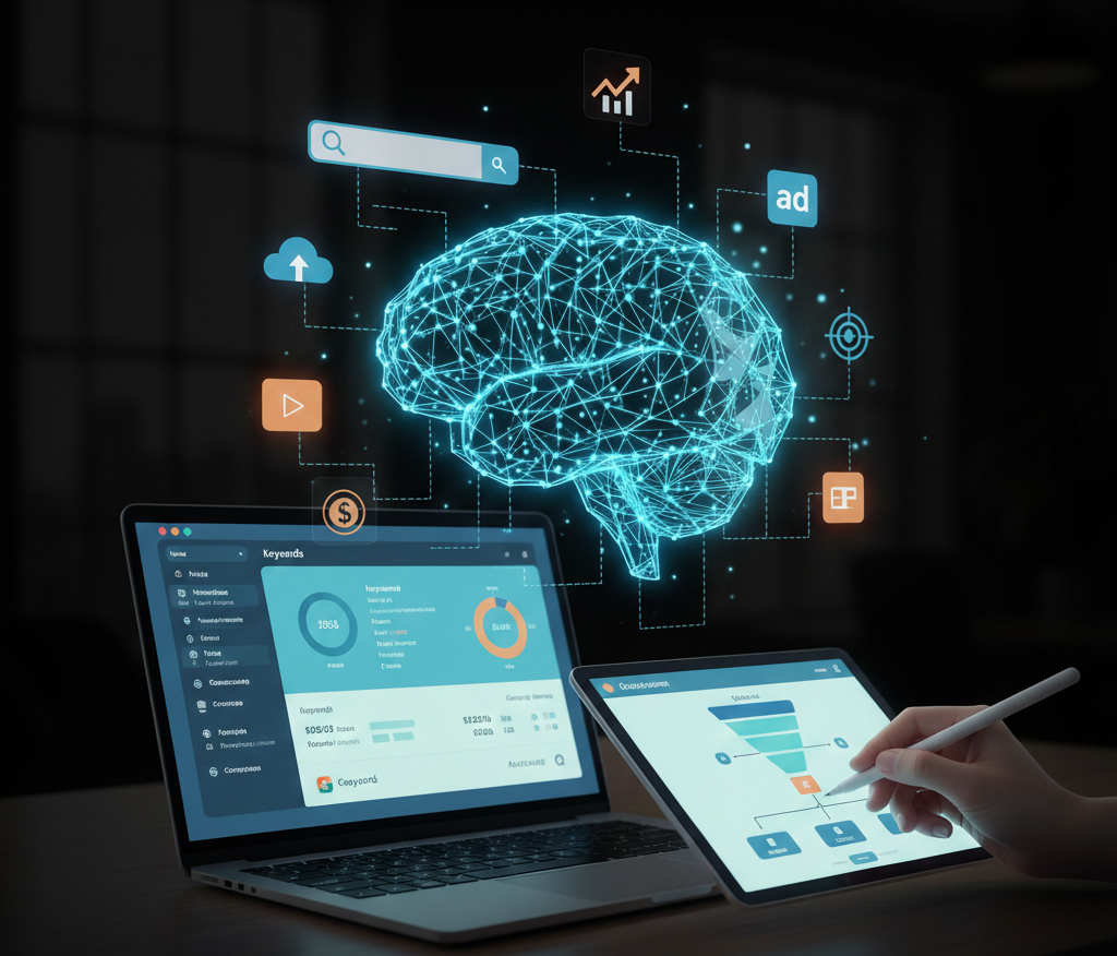 cerveau numérique lumineux connecté à des outils de marketing digital.