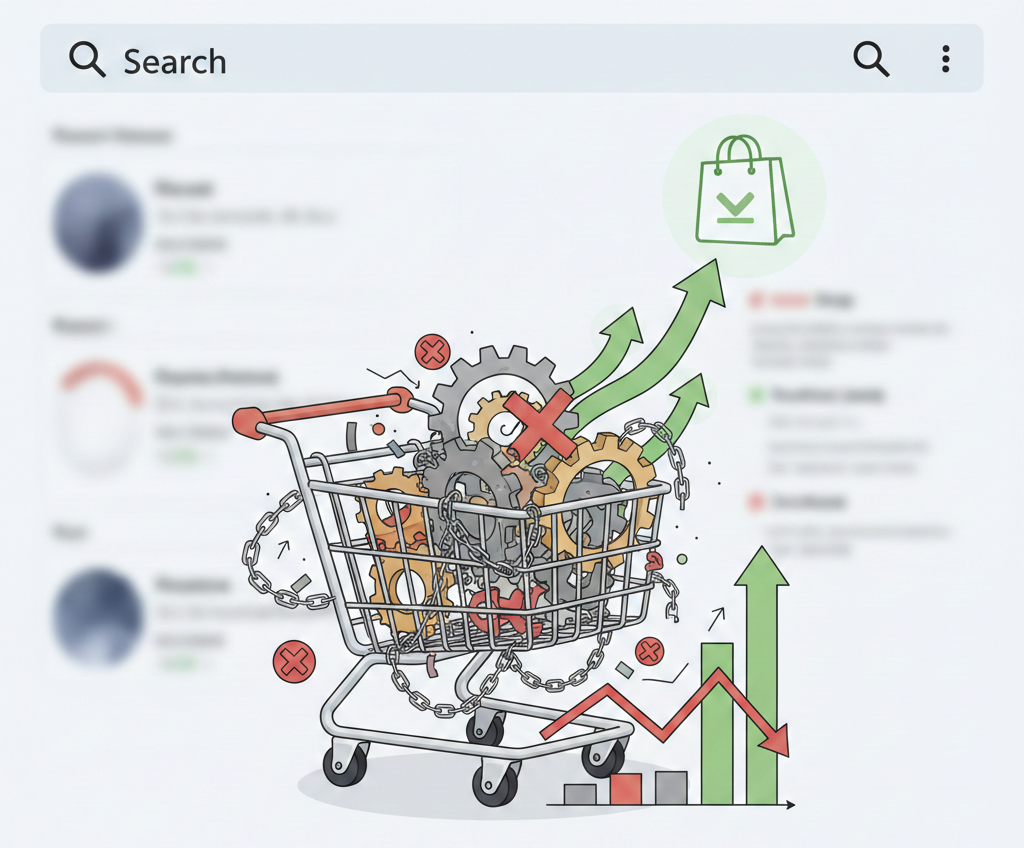 chariot entravé illustrant les erreurs courantes en shopping ads.