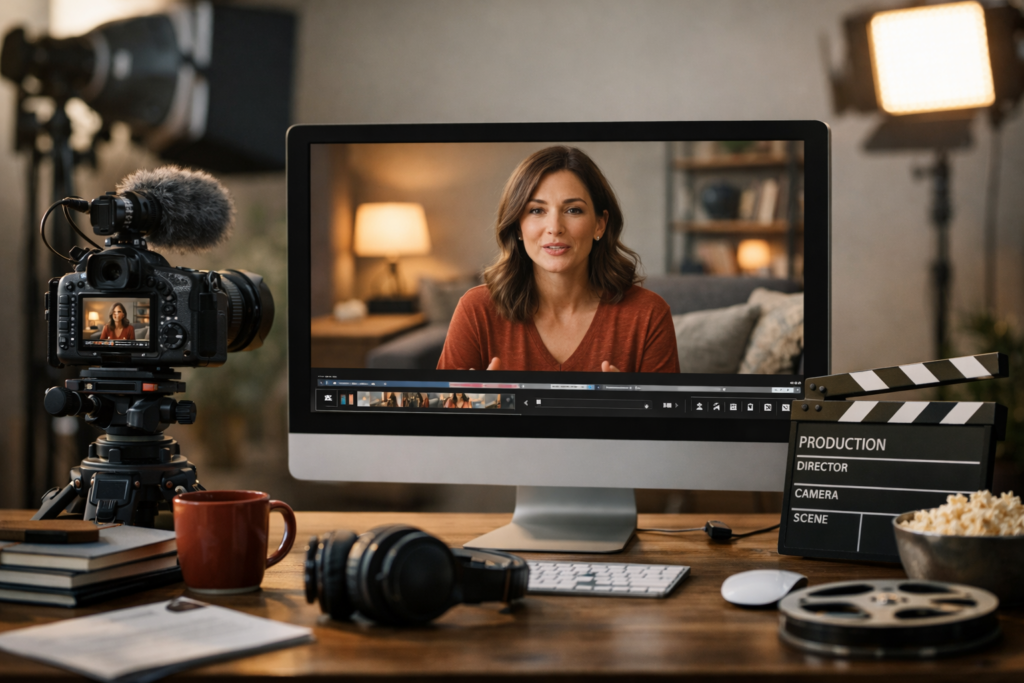 Écran d'ordinateur affichant le montage vidéo d'une femme.