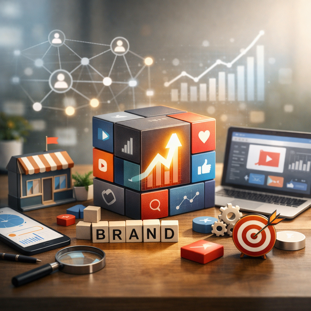 Cube marketing avec flèche de croissance sur un bureau.