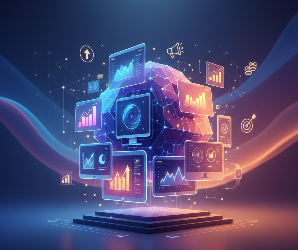 cœur technologique et écrans de données pour l'analyse publicitaire.