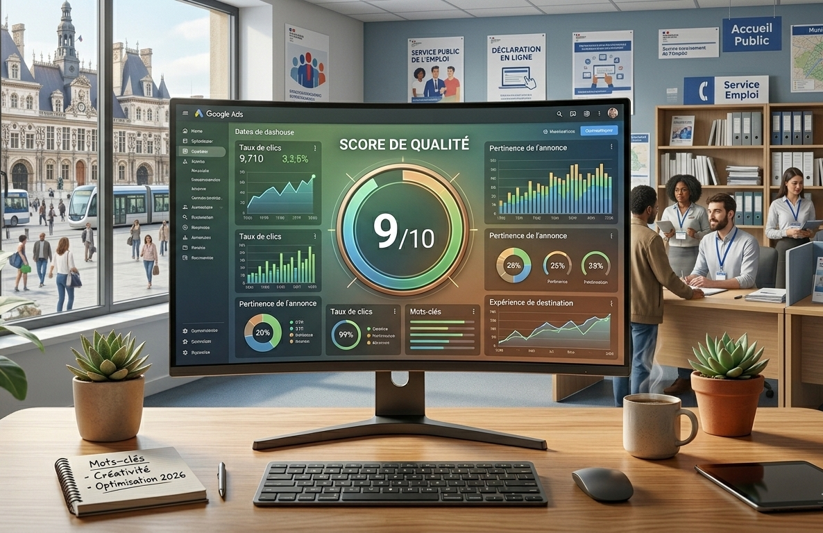 Écran affichant un score de qualité 910 sur google ads.