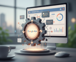 engrenage google ads devant un écran d'analyse de données.