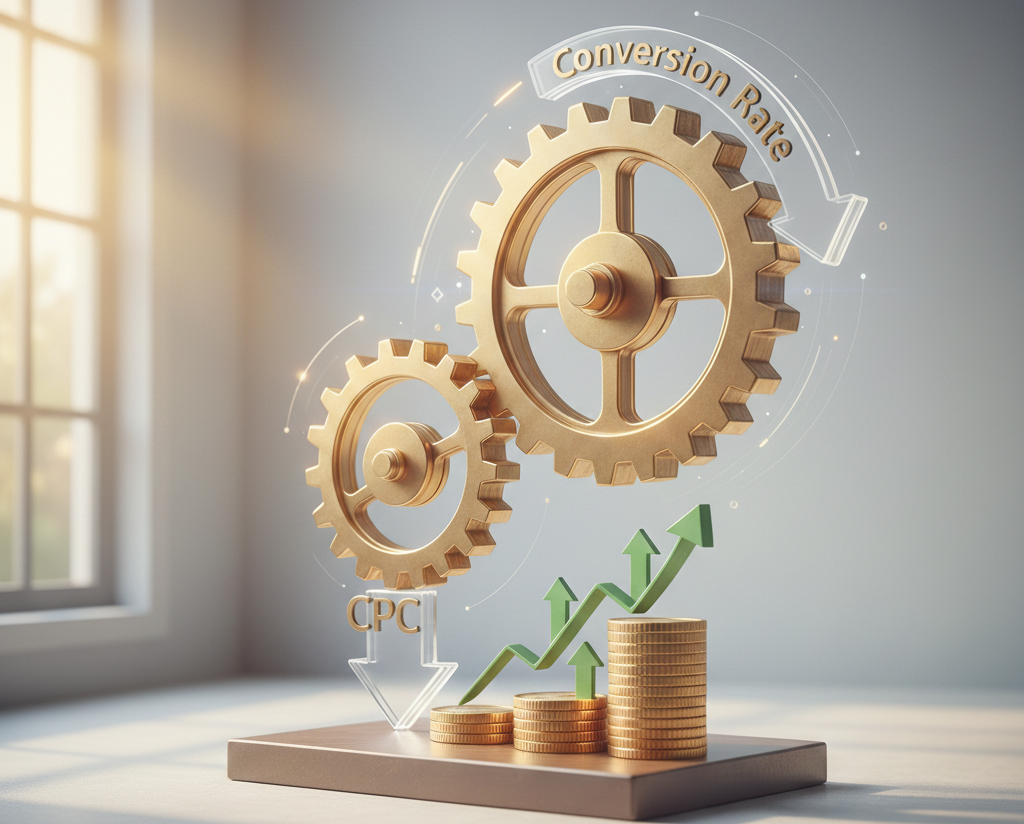 engrenages dorés illustrant l'optimisation du taux de conversion publicitaire.