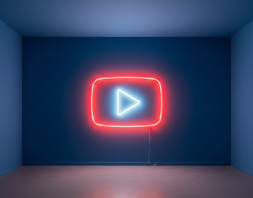 enseigne néon youtube illuminant une pièce moderne et minimaliste.