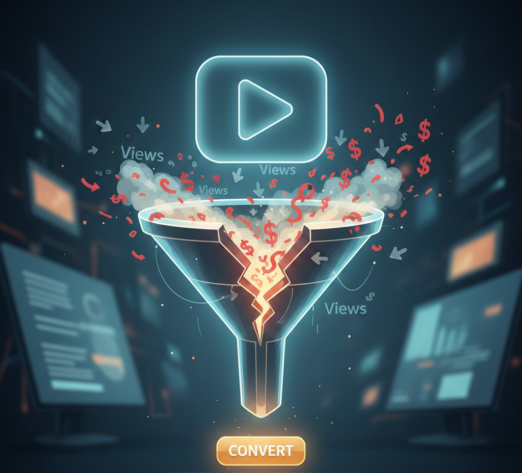 entonnoir de conversion brisé transformant des vues youtube en dollars.