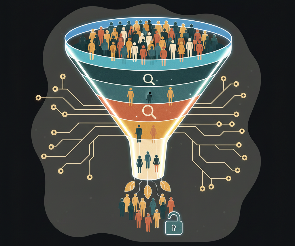 entonnoir de conversion filtrant une audience vers des leads qualifiés.