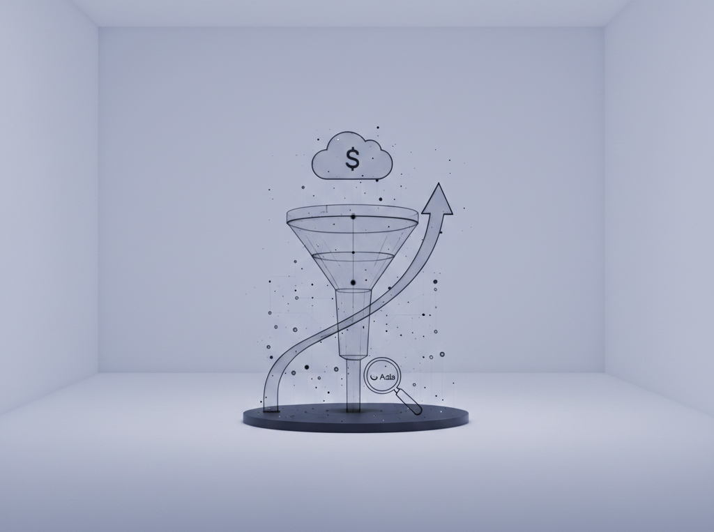 entonnoir de conversion holographique avec flèche de croissance montante.