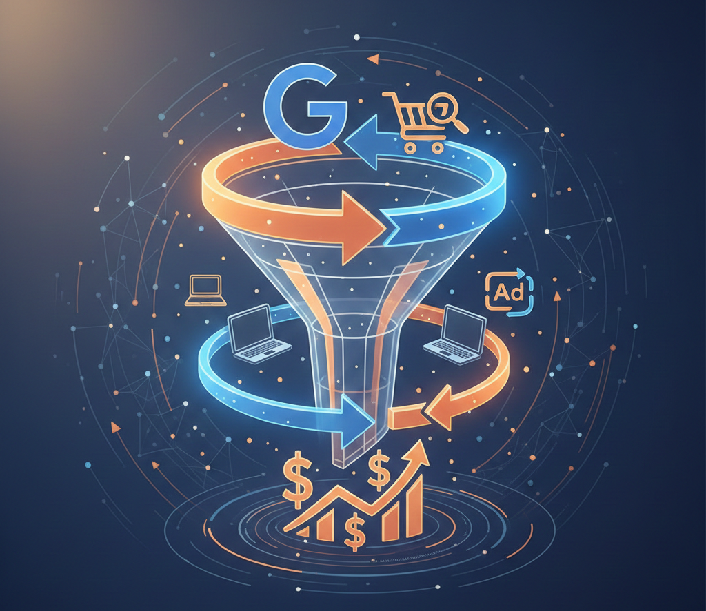 entonnoir de reciblage publicitaire avec flèches et symboles monétaires.