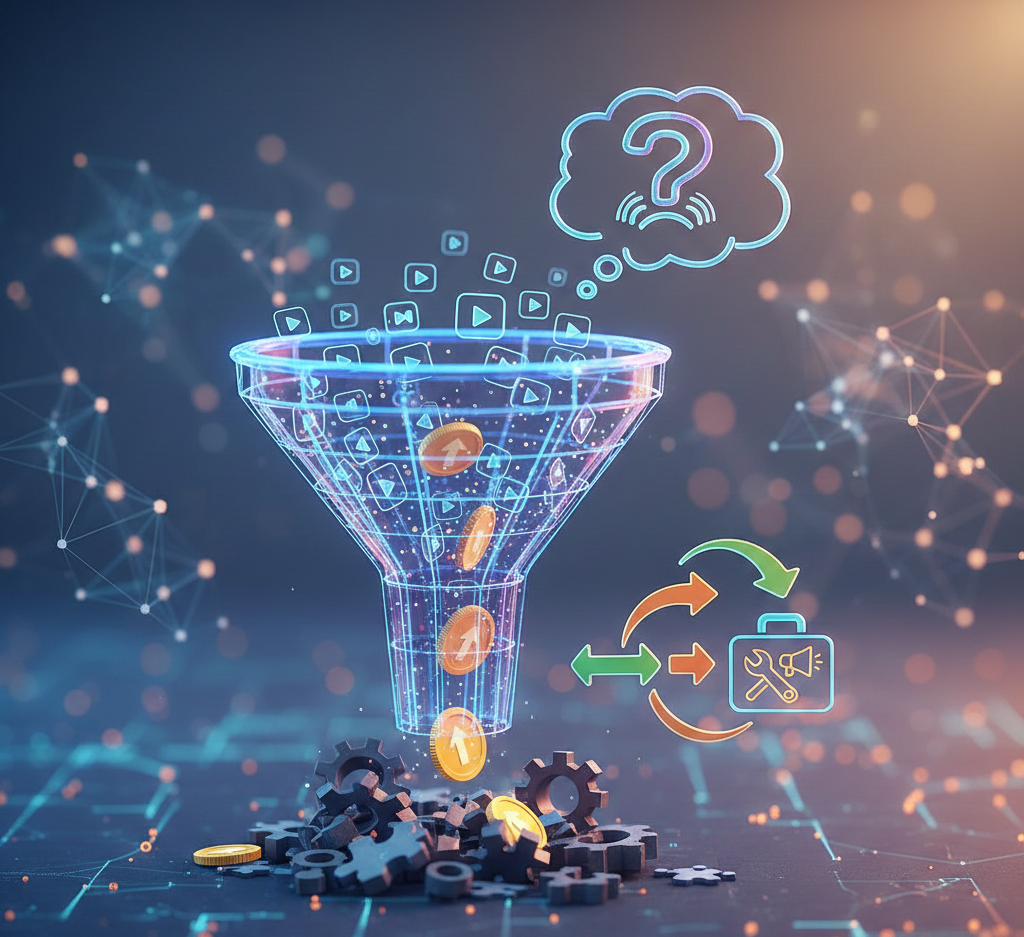 entonnoir digital transformant des vidéos en pièces sur des engrenages.