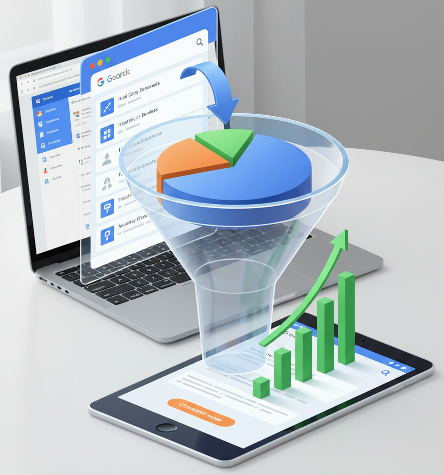 entonnoir transparent avec graphique circulaire sur tablette et ordinateur.