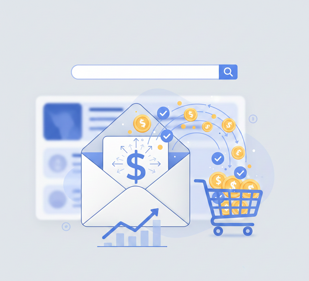 enveloppe libérant des pièces d'or vers un panier d'achat.