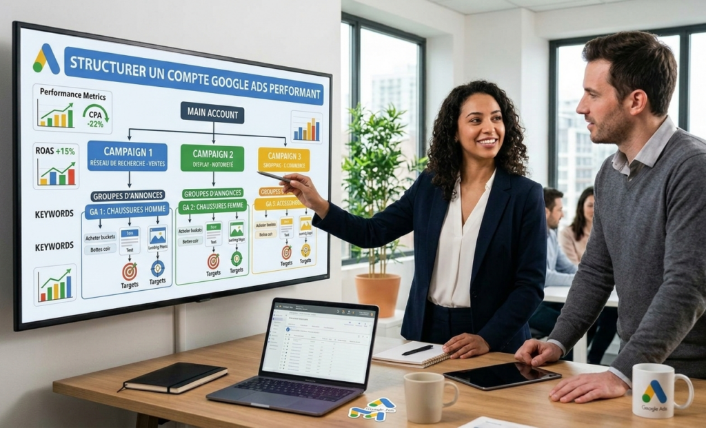 Équipe analysant le schéma structurel d'un compte google ads.