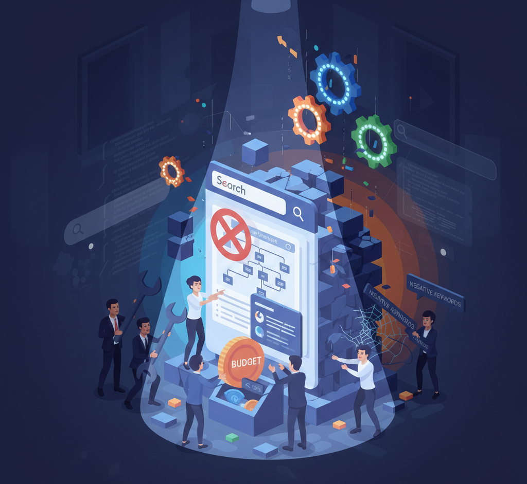 Équipe technique optimisant un budget et des mots clés négatifs.