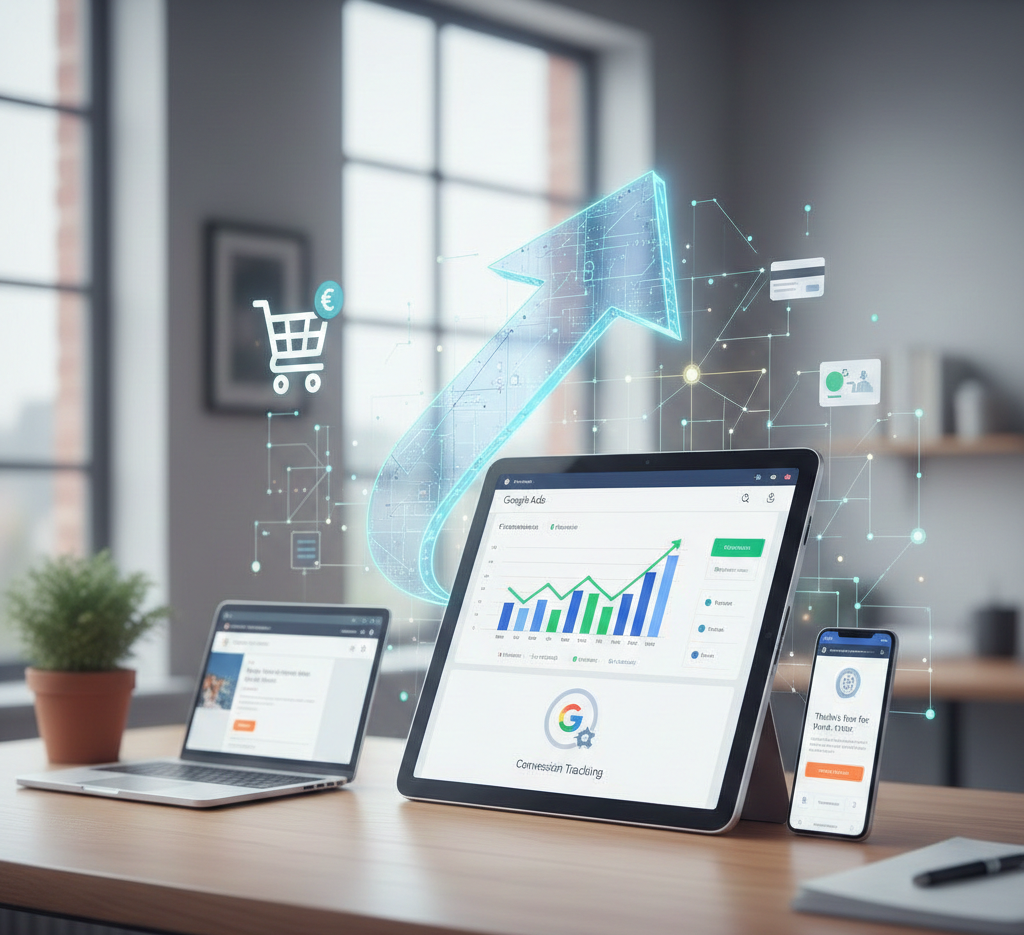 flèche de conversion lumineuse reliant plusieurs écrans de suivi ads.