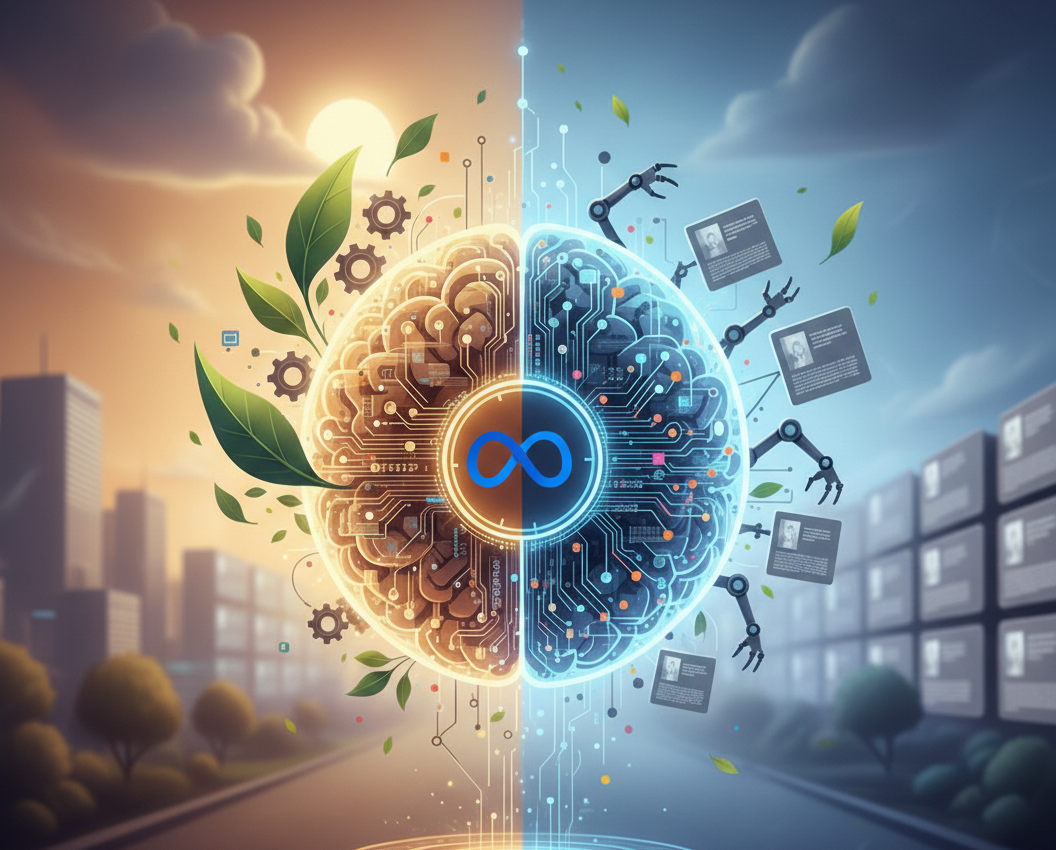 Cerveau bicolore alliant nature, technologie et symbole de l'infini.