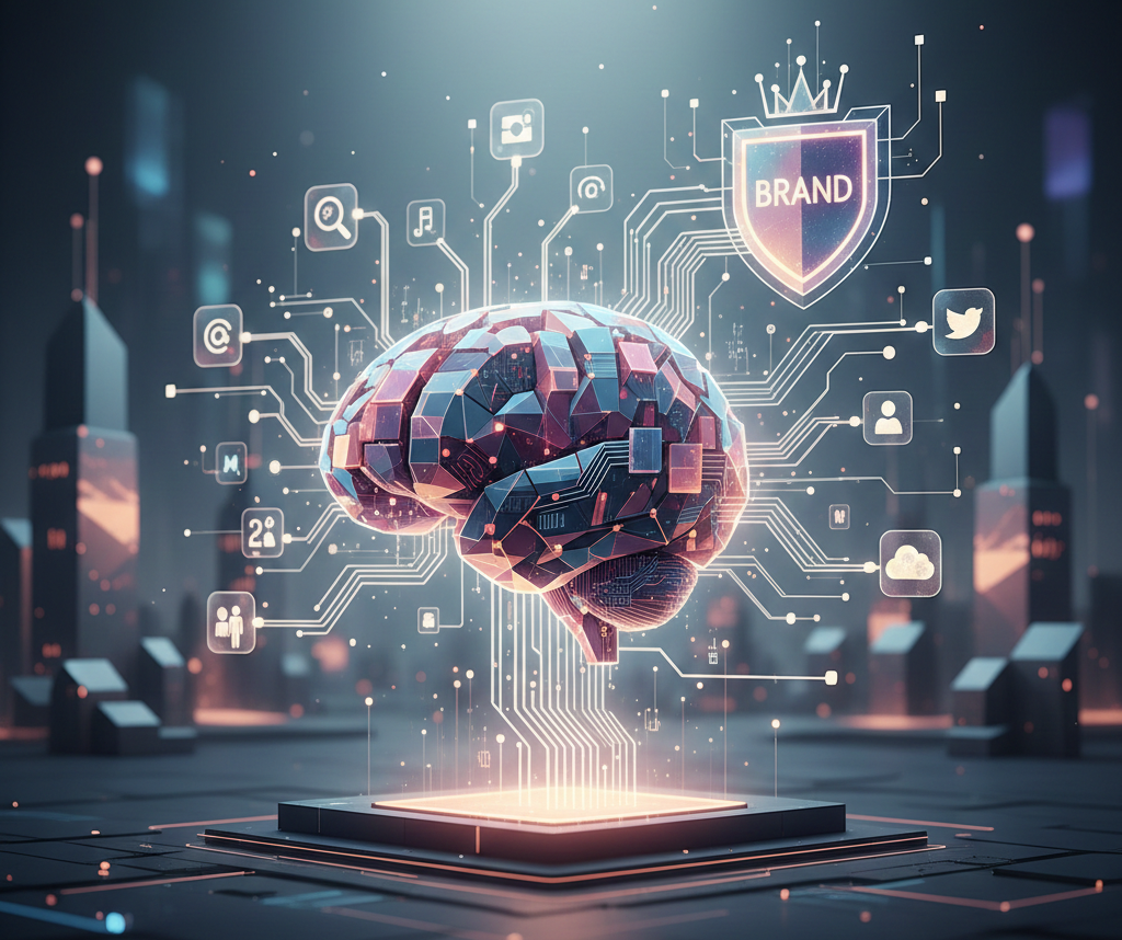 IA protégeant une marque dans une ville futuriste.