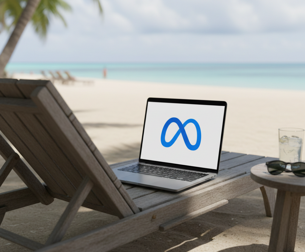 Ordinateur portable affichant le logo Meta sur une plage paradisiaque.