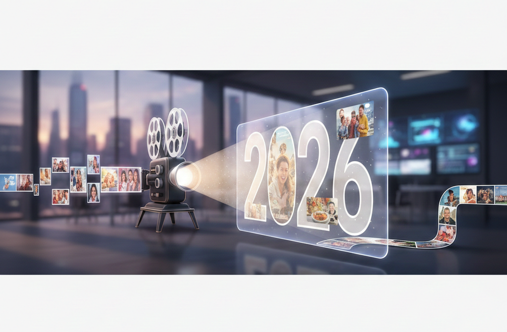 Projecteur de cinéma diffusant des souvenirs sur l'année 2026.