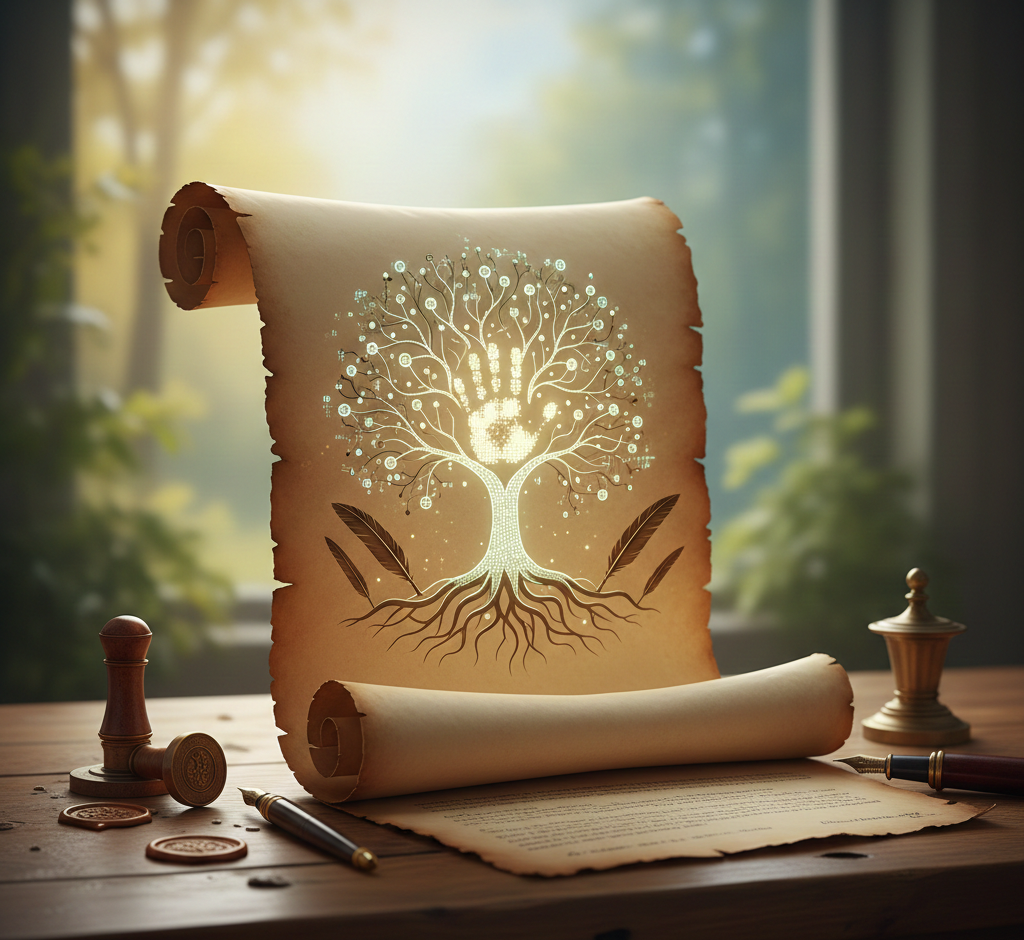 Arbre généalogique numérique lumineux sur un parchemin ancien.