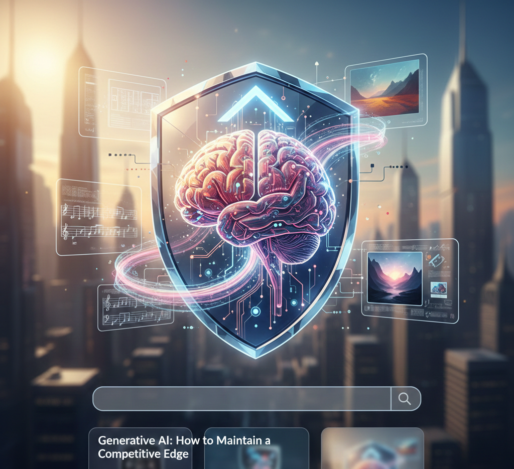 Cerveau futuriste sous un bouclier protecteur dans une ville moderne.