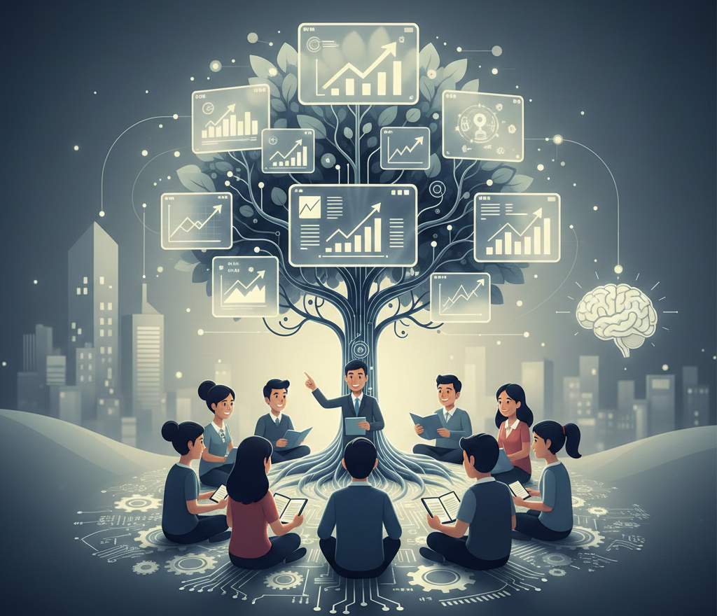 Groupe assis sous un arbre de données en pleine croissance.