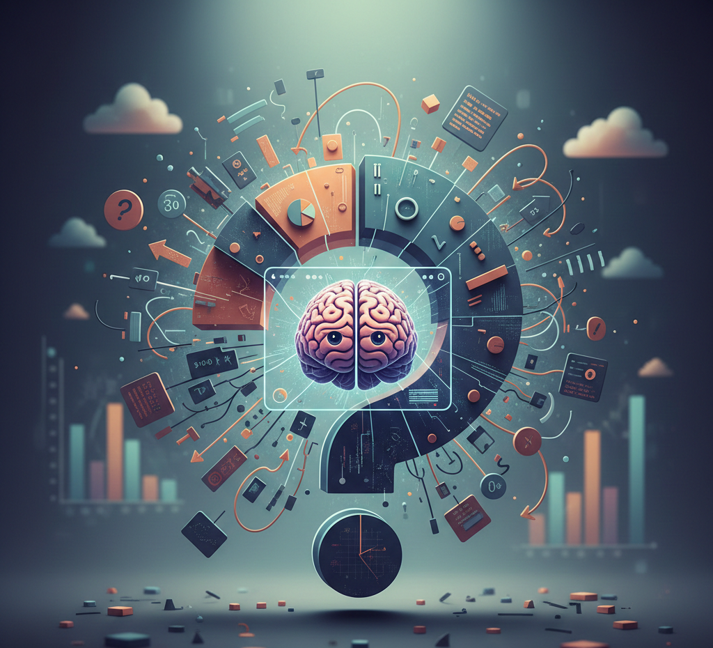 Cerveau central entouré d'un point d'interrogation composé de données et graphiques.