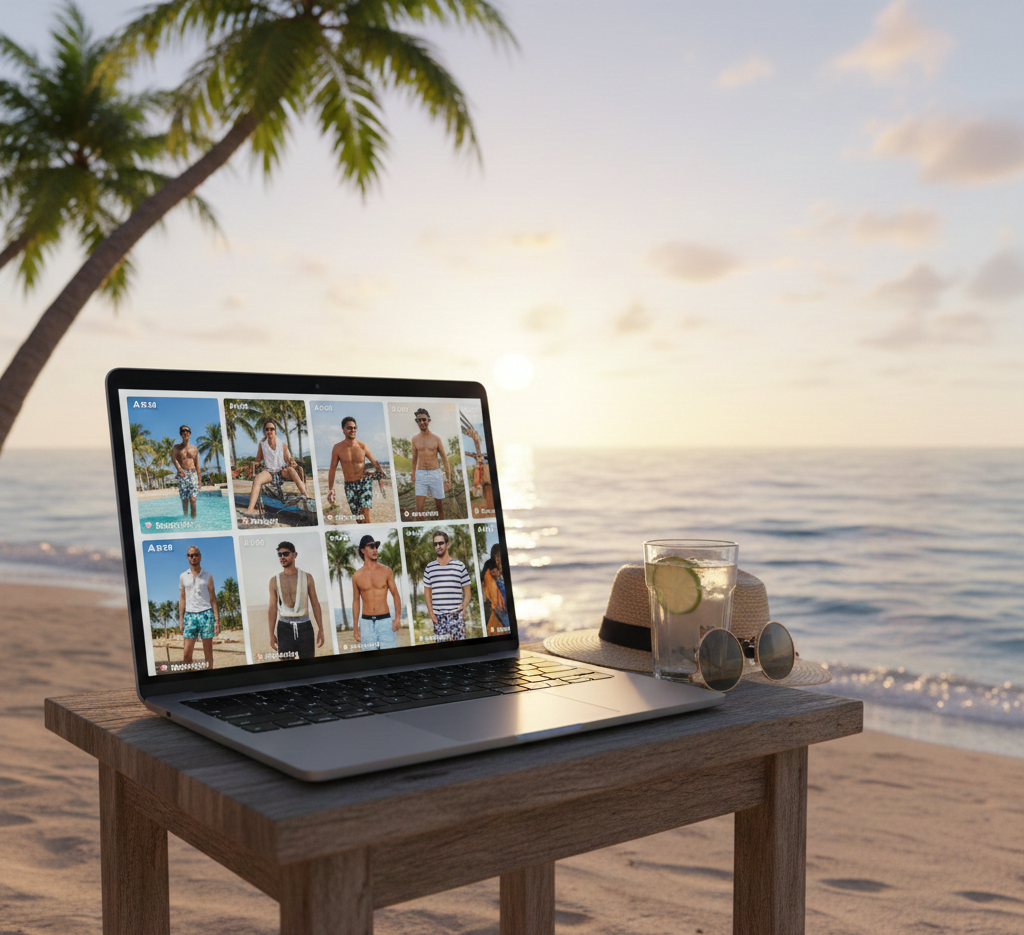 Ordinateur portable sur une plage tropicale affichant des photos.