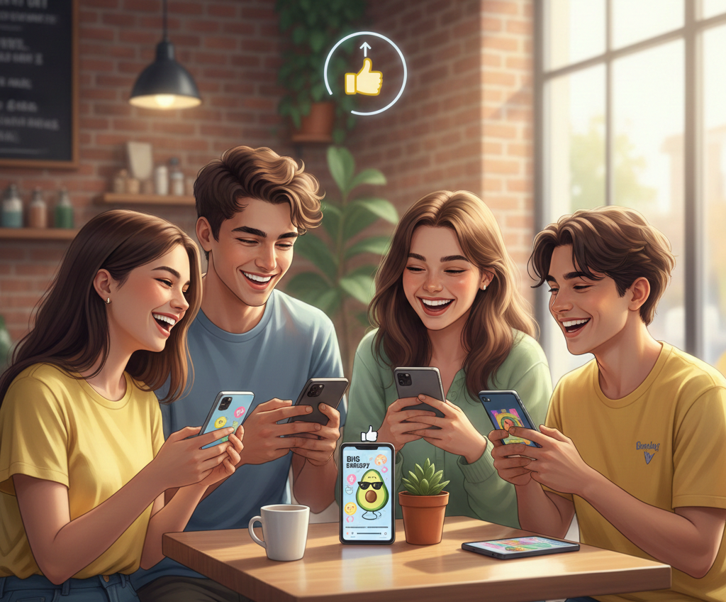 Quatre jeunes rient au café en regardant leurs smartphones.