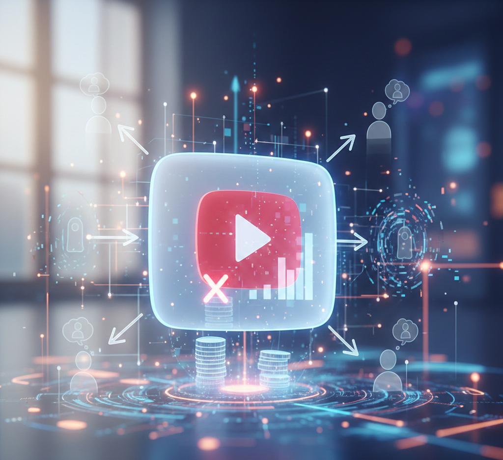 Logo YouTube holographique avec flèches de diffusion et statistiques d'audience.