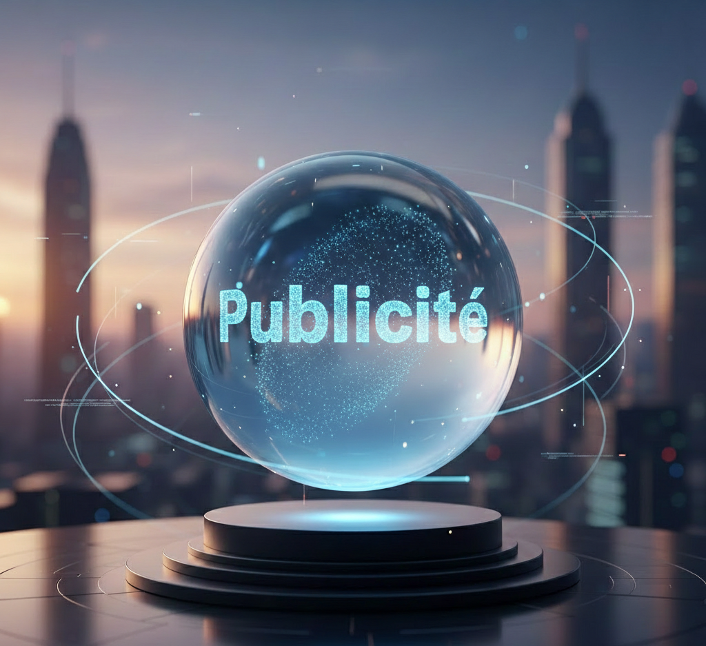 Sphère de cristal affichant le mot « Publicité » sur fond urbain.