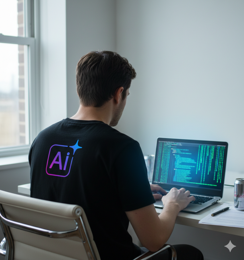 Homme de dos codant sur un ordinateur avec logo IA.