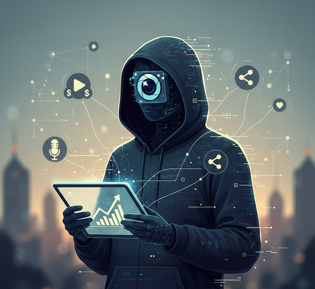 Silhouette technologique analysant des données de réseaux sociaux sur tablette.