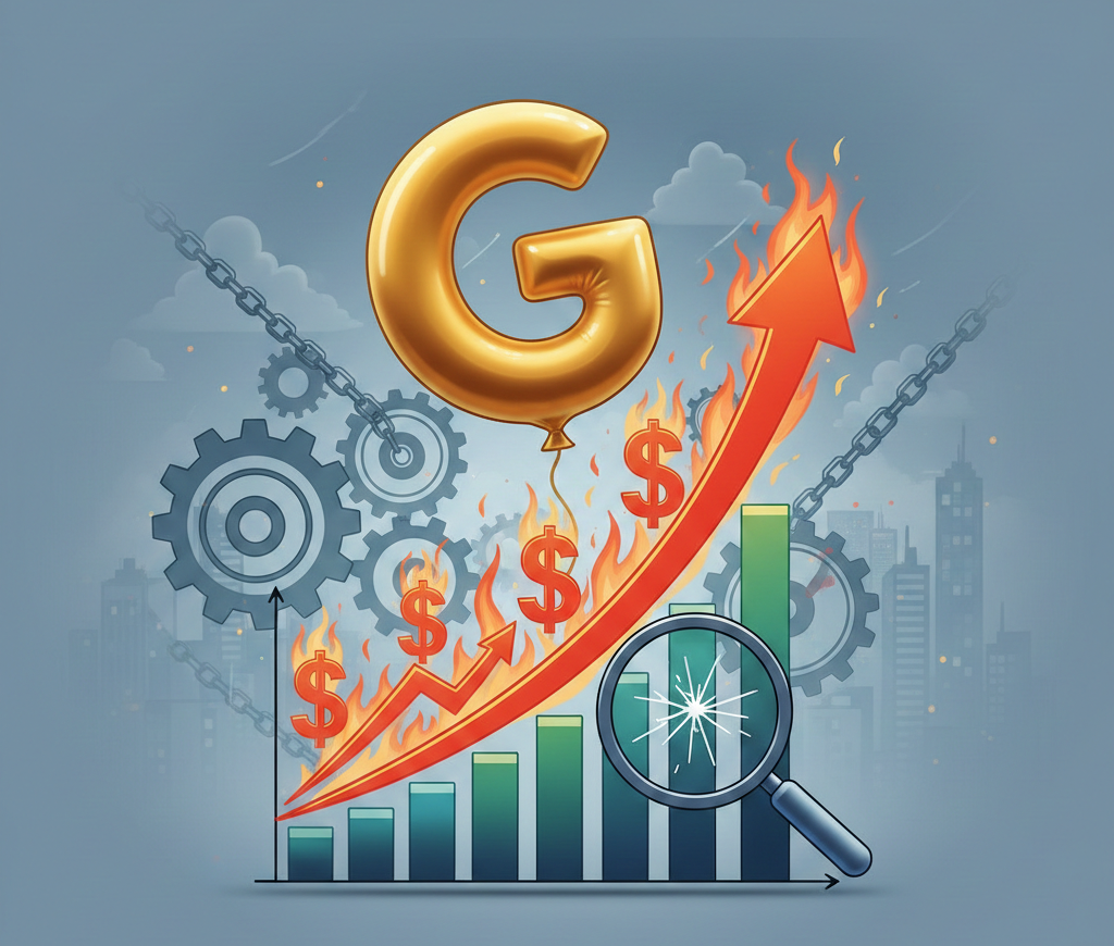 Graphique en hausse avec flammes, dollars et ballon lettre G.