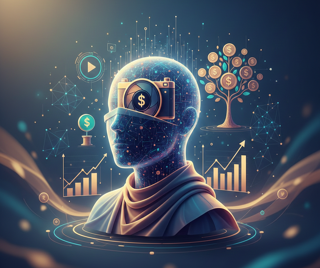 Buste futuriste intégrant une caméra et des graphiques de rentabilité.