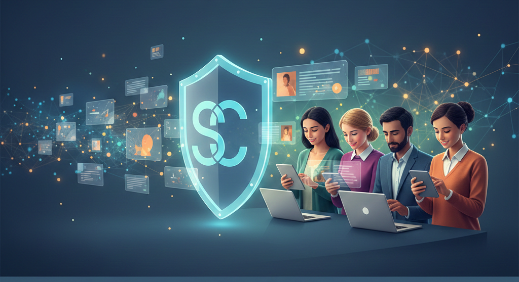 Professionnels collaborant sur du contenu numérique sécurisé et sponsorisé.