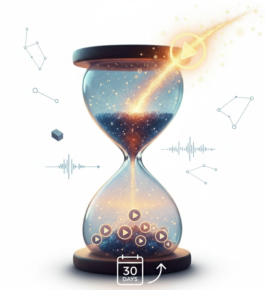 Sablier cosmique transformant le temps en vues vidéo sur 30 jours.
