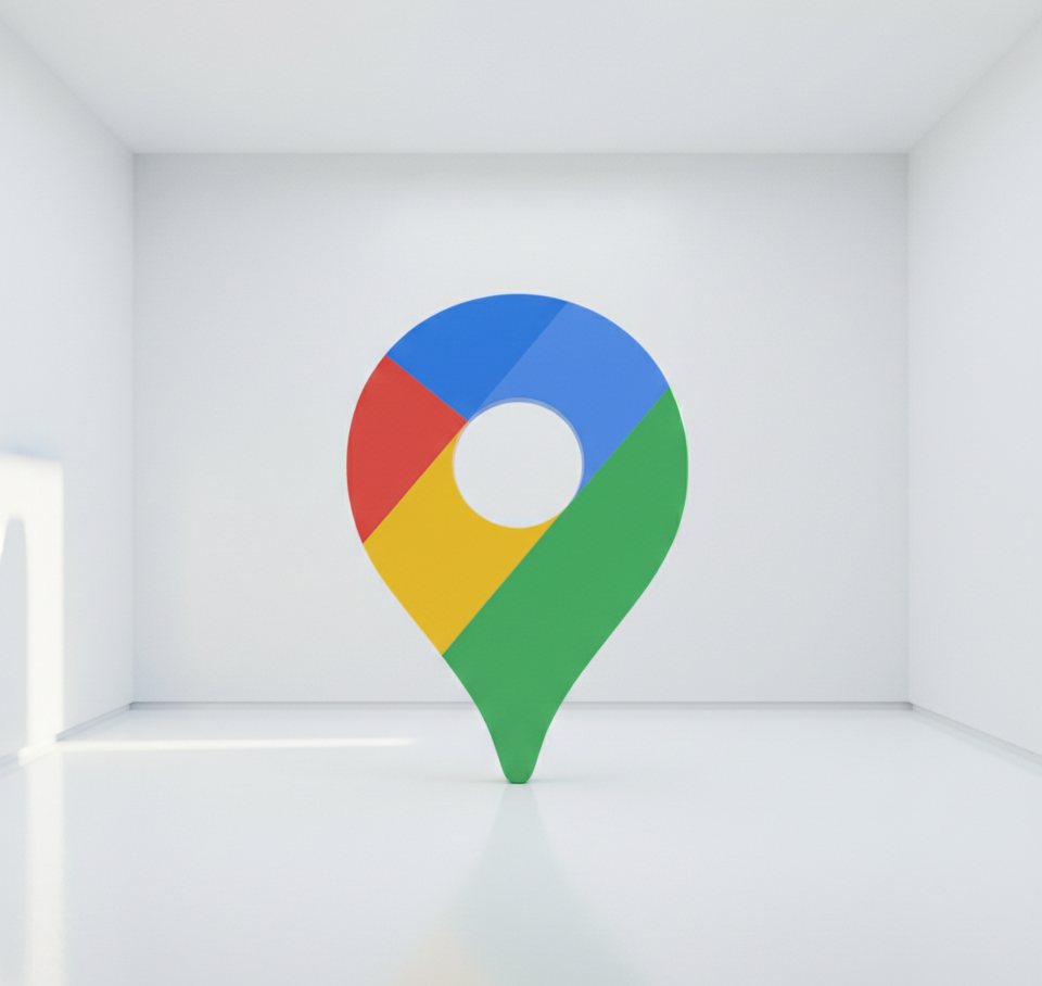 Icône Google Maps géante flottant dans une pièce blanche minimaliste.