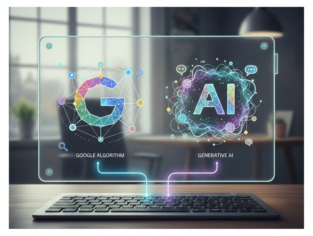 Écran transparent comparant le "Google Algorithm" et la "Generative AI" au-dessus d'un clavier.